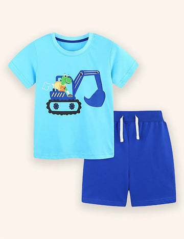 Cartoon Excavator Printed T-shirt Set